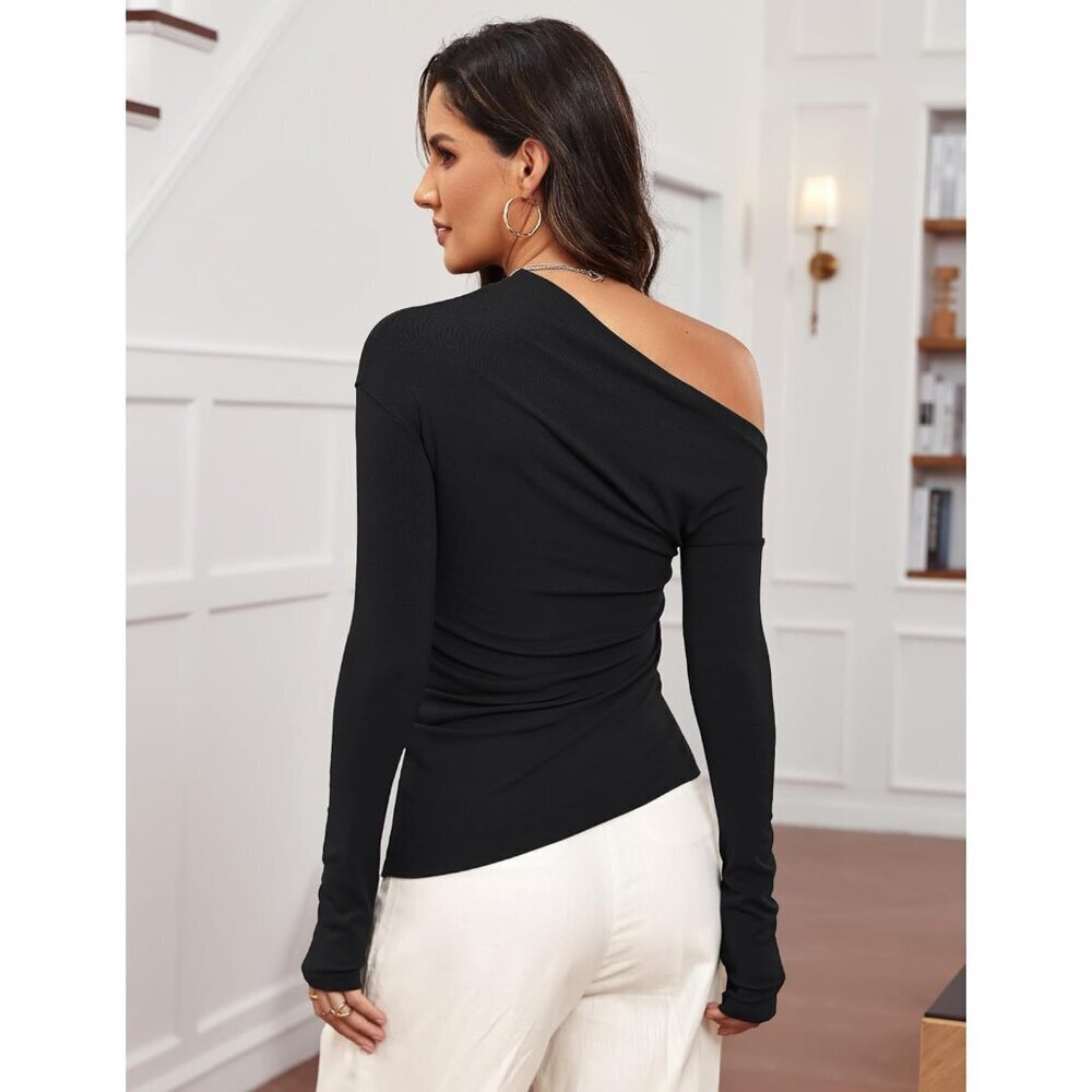 Women's Off Shoulder Top Long Sleeve Asymmetrical Slim Fit Fall Blouse - Picture 3 of 5